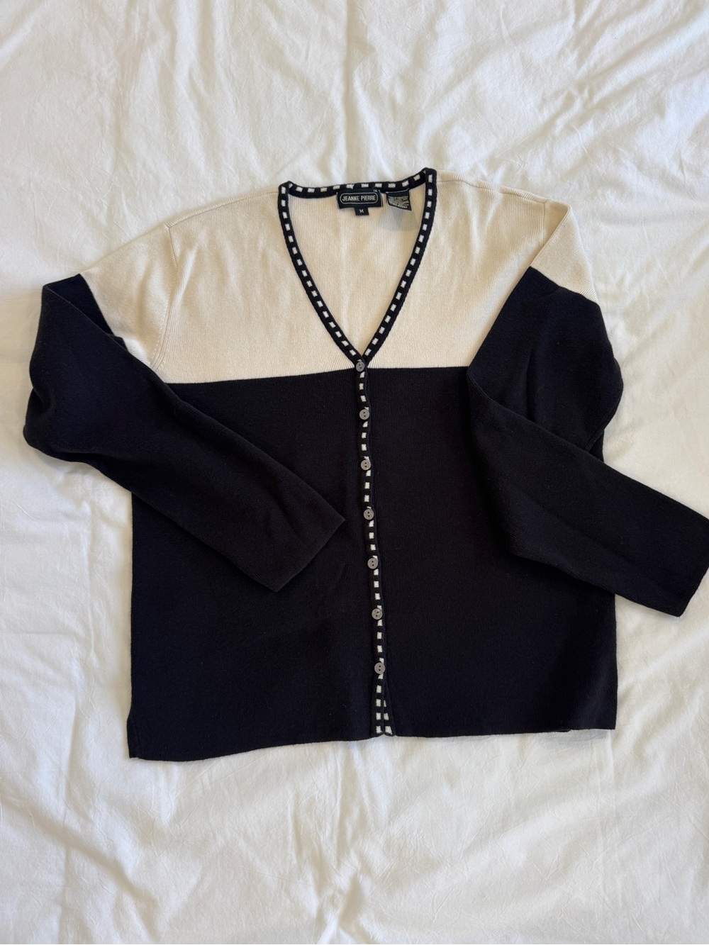 Vintage Jeanne Pierre Black Cream Cardigan 100% Cotton Size M